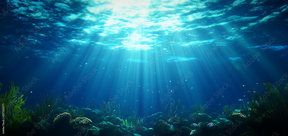 Fototapeta premium Underwater scene with sunlight rays illuminating a vibrant coral reef ecosystem
