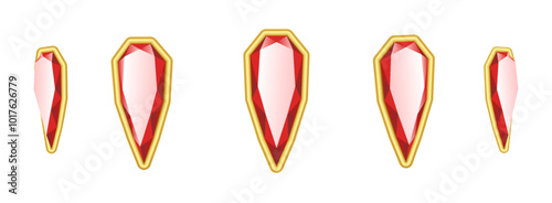 Gleaming red gems adorned with gold edges twirl realistic vector illustration set. Valuable gemstones 3d models on white background