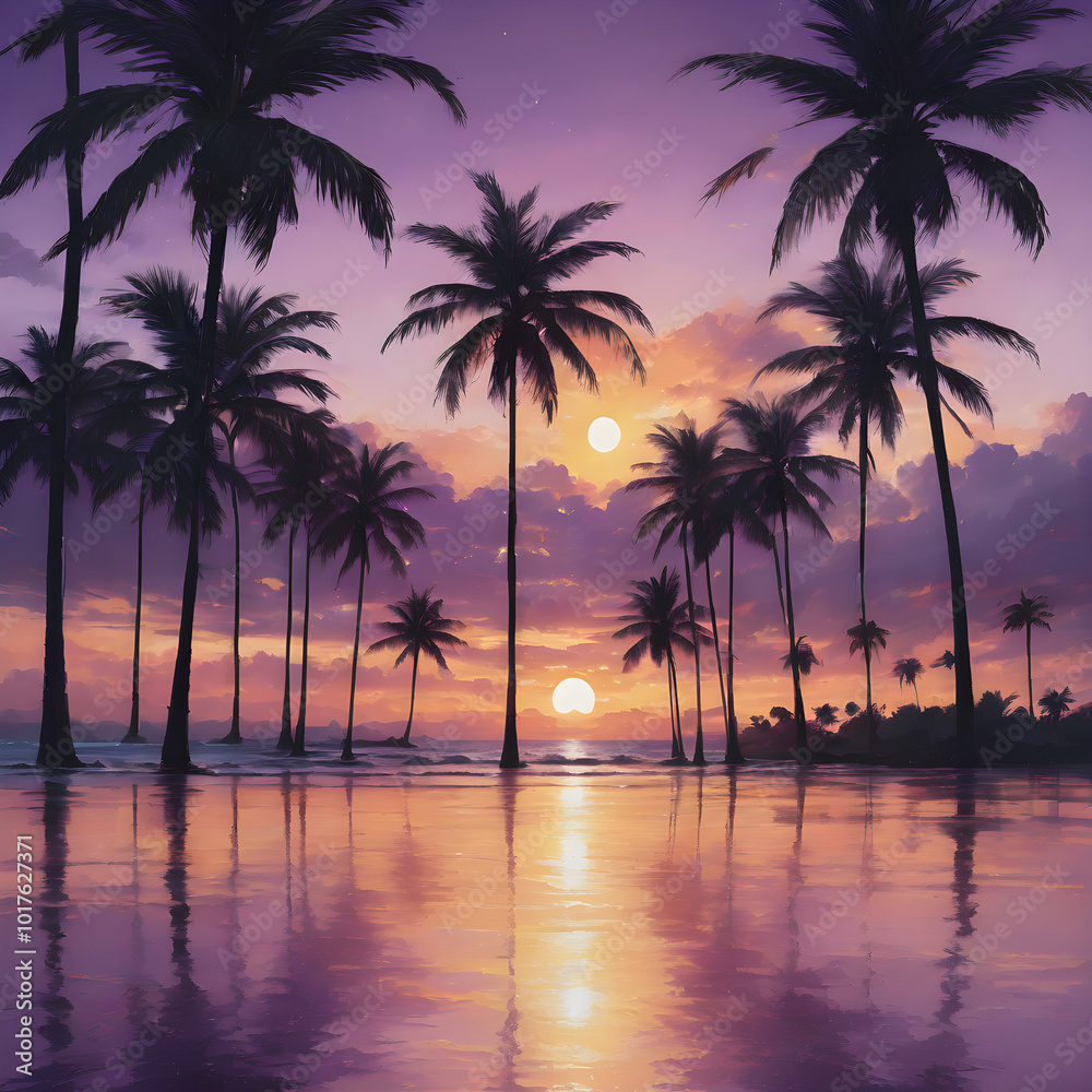 Obraz premium A peaceful tropical sky at dusk, with the sun setting behind a row of palm trees and the sky turning shades of purple and gold 