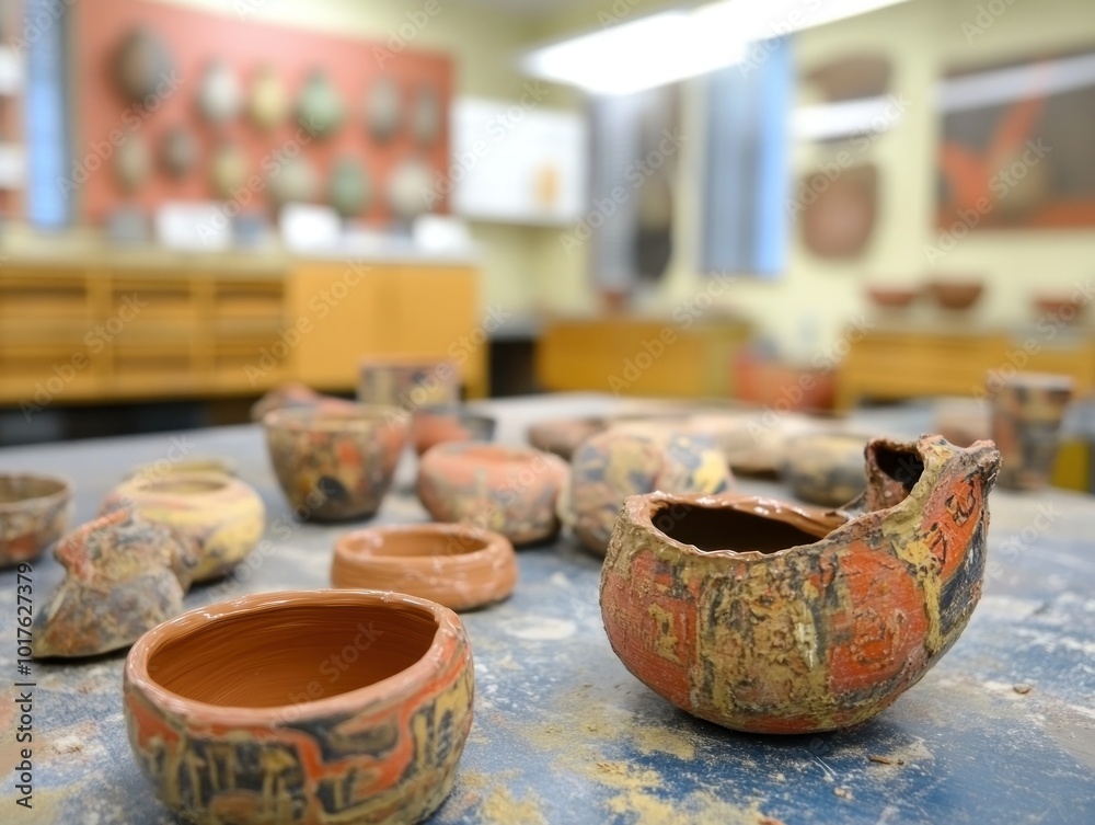 A collection of ancient pottery displayed in a workspace, showcasing cultural artifacts.