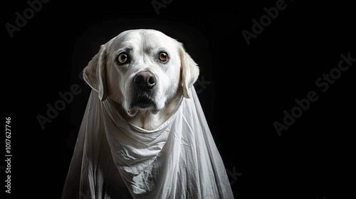 white dog draped in a cloth, resembling a ghost costume, with a somber expression, set against a black background.