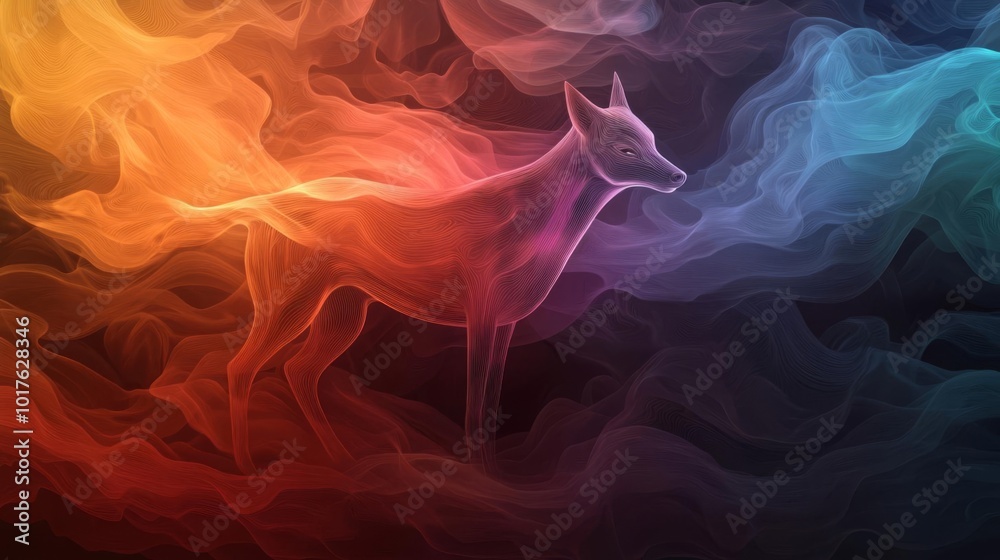 Obraz premium A mystical dog surrounded by colorful smoke in a dreamy atmosphere.