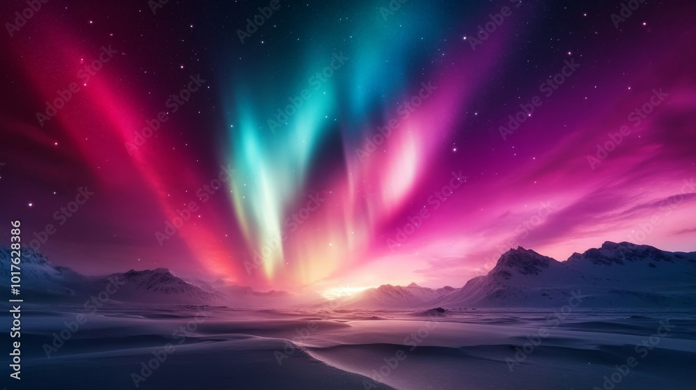 Obraz premium A breathtaking view of the Northern Lights dancing over a serene, snow-covered landscape, with vibrant colors illuminating the sky.