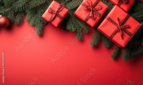 Festive Christmas Gifts with Pine Branches on Red Background. Perfect for holiday celebrations and decorating ideas. Christmas and New year concept. Greeting card, Xmas background.