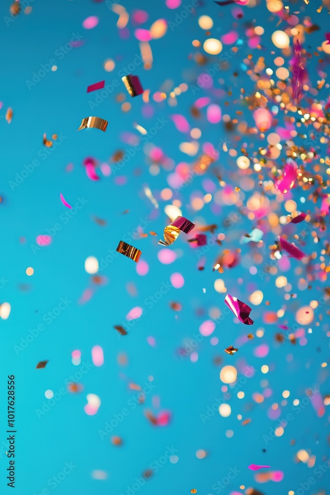 Colorful confetti rain on vivid blue backdrop. Colorful confetti rain on vivid blue backdrop.