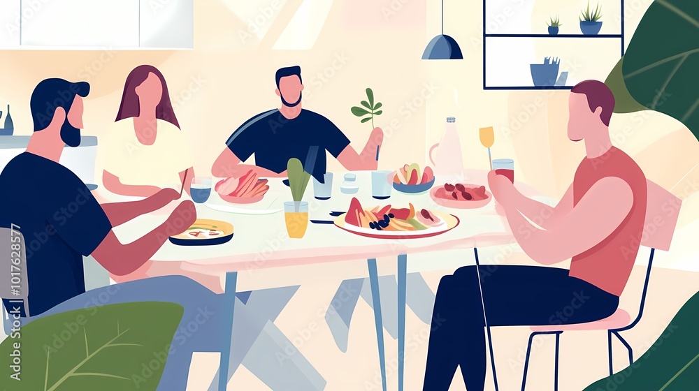 Fototapeta premium Diverse group enjoying a vibrant meal together in a cozy, bright setting.
