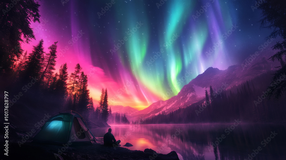 Fototapeta premium A peaceful scene of a couple camping under the Northern Lights, with the aurora reflecting off a nearby lake.
