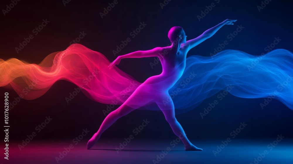 Abstract dance figure with colorful light trails on a dark background. Abstract dance figure with colorful light trails on a dark background.