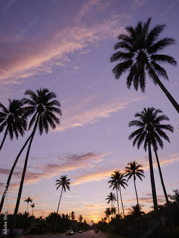 A peaceful tropical sky at dusk, with the sun setting behind a row of palm trees and the sky turning shades of purple and gold
A peaceful tropical sky at dusk, with the sun setting behind a row of palm trees and the sky turning shades of purple and gold
