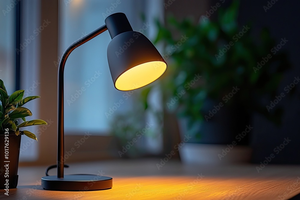 Black desk lamp on wooden table. Perfect for showcasing a home office or study space. Black desk lamp on wooden table. Perfect for showcasing a home office or study space.