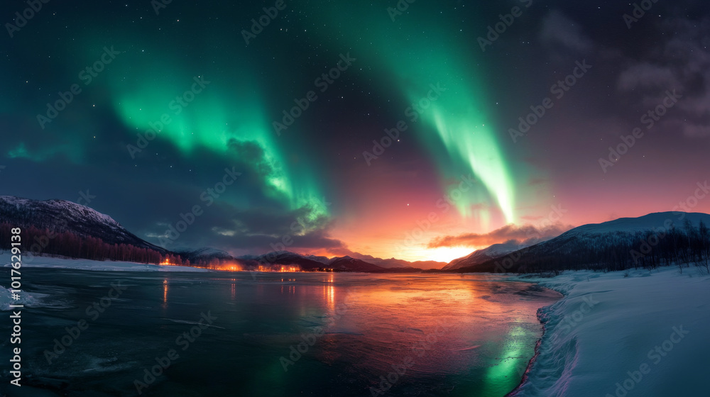 A panoramic view of the aurora over Sweden Lapland region, with dramatic mountain peaks and frozen rivers below.
