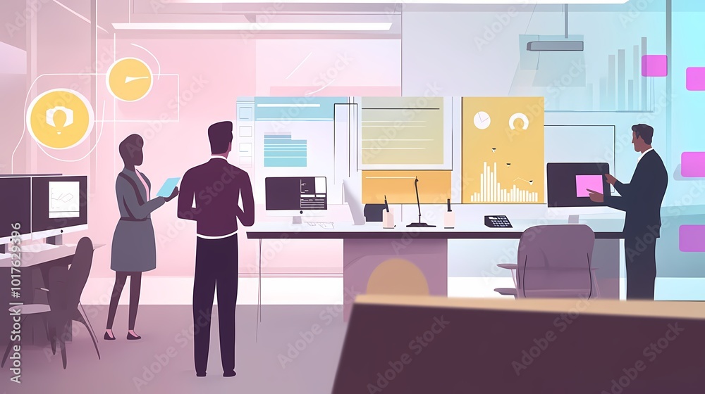 Three professionals collaborate in a modern office space with digital displays. Three professionals collaborate in a modern office space with digital displays.