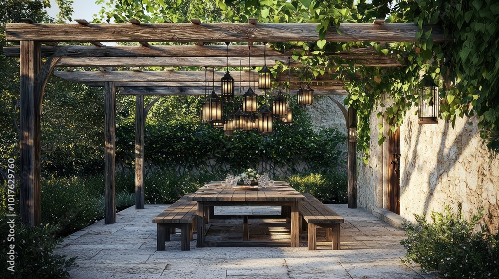 Lush foliage surrounding a rustic dining area with a pergola at a farmhouse. Lush foliage surrounding a rustic dining area with a pergola at a farmhouse.