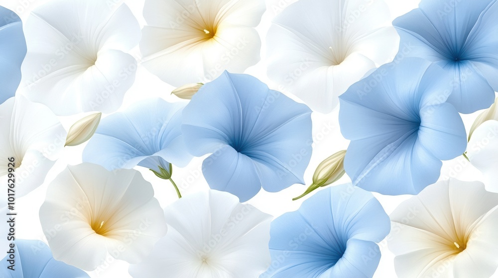 Obraz premium A serene arrangement of blue and white flowers on a bright white background.