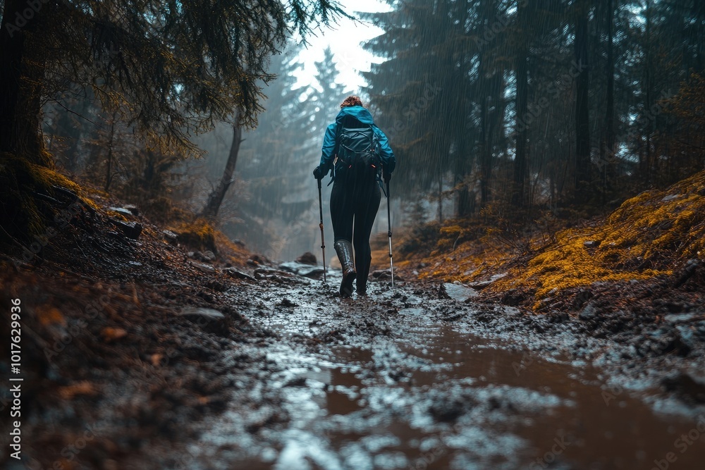 A hiker walks through a muddy forest. This image can be used to represent challenging outdoor adventures. A hiker walks through a muddy forest. This image can be used to represent challenging outdoor adventures.