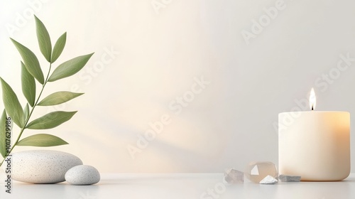 A tranquil arrangement of stones, leaves, and a lit candle on a clean surface.