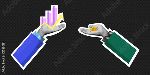 Business collage hands buy an idea for money. Vector illustration. A business idea.