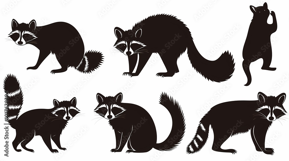 Silhouettes of raccoons in various poses, showcasing their playful nature.
