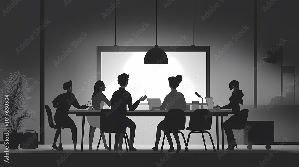 Silhouetted business meeting with diverse participants engaged in discussion. Silhouetted business meeting with diverse participants engaged in discussion.