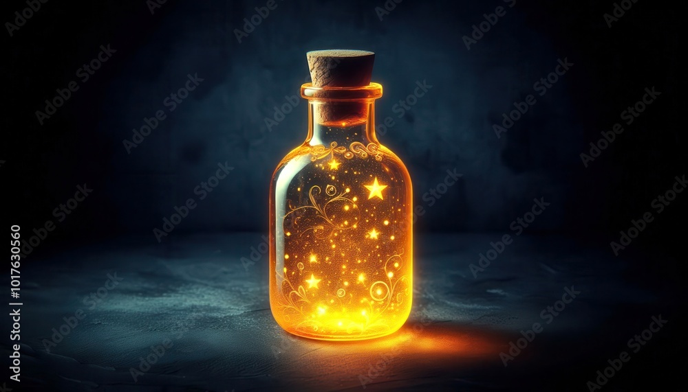 Glowing Glass Bottle with Cork Stopper - Magical Light and Sparkles in Dark Setting Glowing Glass Bottle with Cork Stopper - Magical Light and Sparkles in Dark Setting