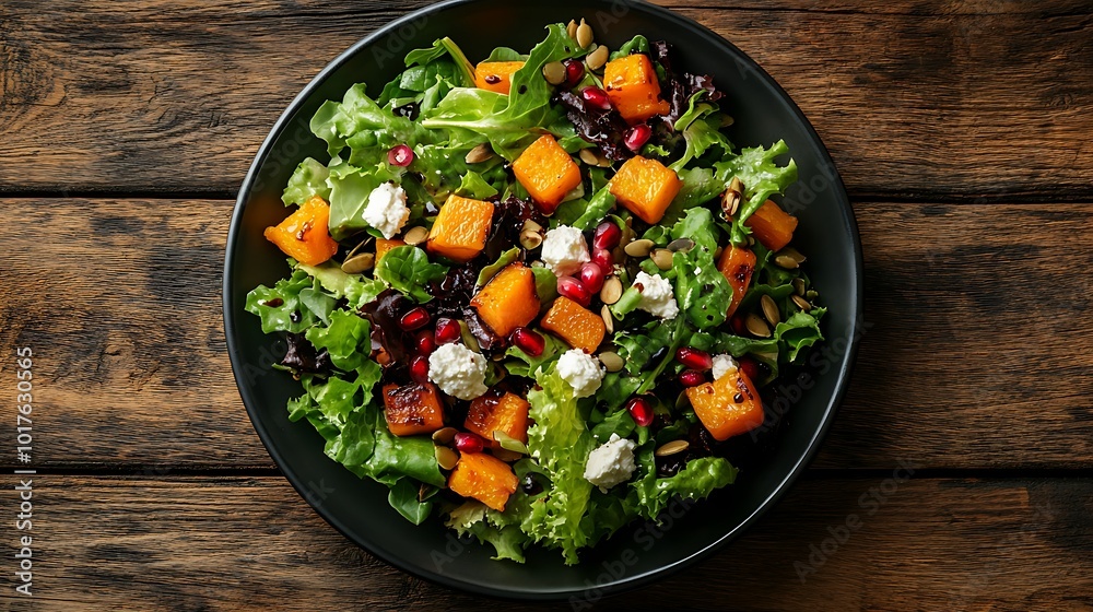 Colorful salad with greens, squash, and pomegranate. Colorful salad with greens, squash, and pomegranate.