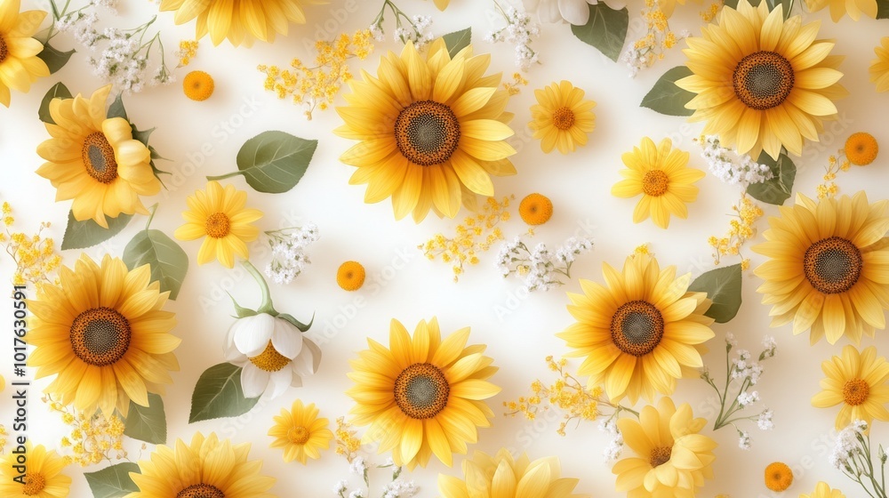Bright sunflowers on a white background, creating a cheerful floral pattern. Bright sunflowers on a white background, creating a cheerful floral pattern.