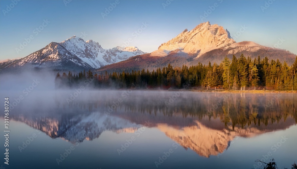 a tranquil mountain lake at dawn, with mirror-like reflections of snow-capped peaks a tranquil mountain lake at dawn, with mirror-like reflections of snow-capped peaks