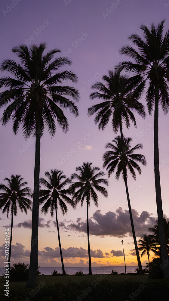 A peaceful tropical sky at dusk, with the sun setting behind a row of palm trees and the sky turning shades of purple and gold
A peaceful tropical sky at dusk, with the sun setting behind a row of palm trees and the sky turning shades of purple and gold