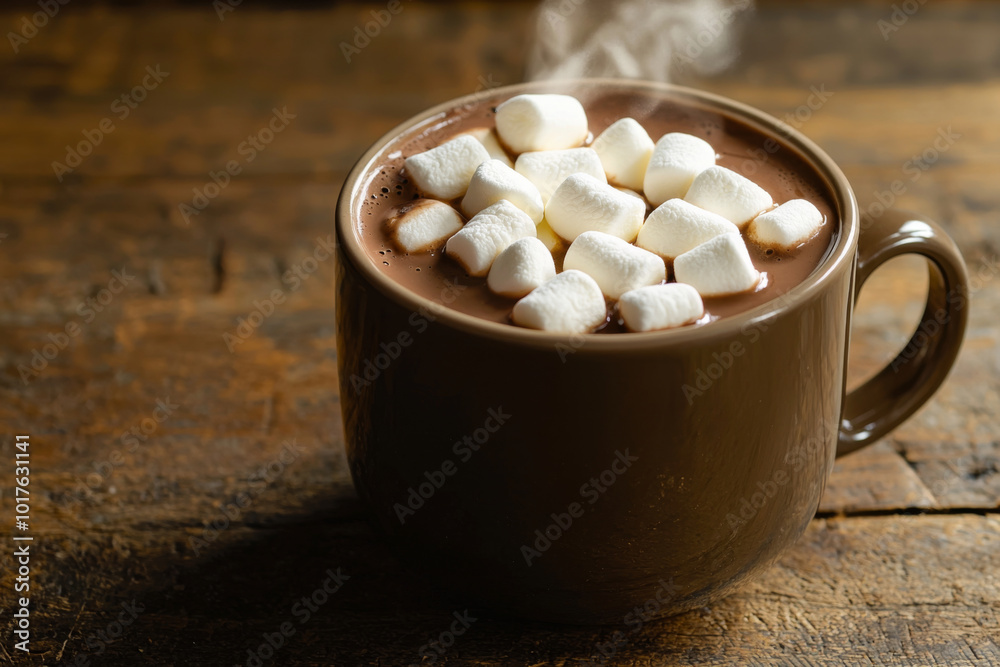 A steaming cup of hot chocolate topped with fluffy marshmallows, resting on a rustic wooden surface. A steaming cup of hot chocolate topped with fluffy marshmallows, resting on a rustic wooden surface.