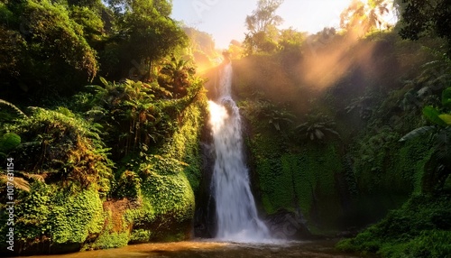  calm waterfall surrounded by lush green vegetation, bathed in golden sunset light. Soft mist rises gently from the water. Calming Rhythms