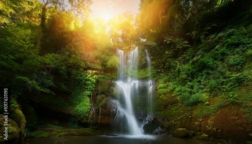  calm waterfall surrounded by lush green vegetation, bathed in golden sunset light. Soft mist rises gently from the water. Calming Rhythms