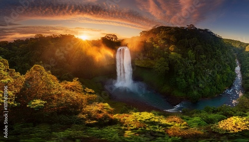  calm waterfall surrounded by lush green vegetation, bathed in golden sunset light. Soft mist rises gently from the water. Calming Rhythms