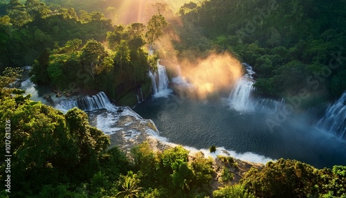  calm waterfall surrounded by lush green vegetation, bathed in golden sunset light. Soft mist rises gently from the water. Calming Rhythms