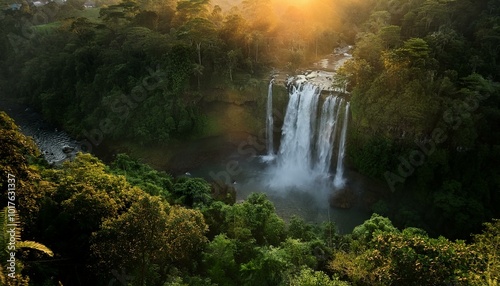  calm waterfall surrounded by lush green vegetation, bathed in golden sunset light. Soft mist rises gently from the water. Calming Rhythms