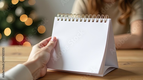 A woman's hand in close-up. Holds a flip calendar with the empty sheet on Christmas tree background. Christmas mock up with Christmas decorations for your presentation with empty space for you design