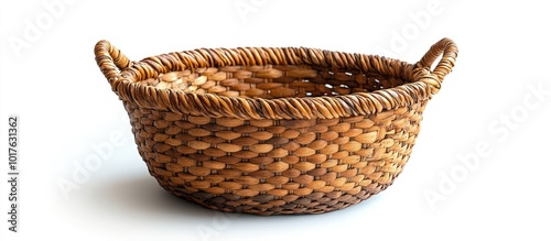 Wicker Basket with Handles on White Background