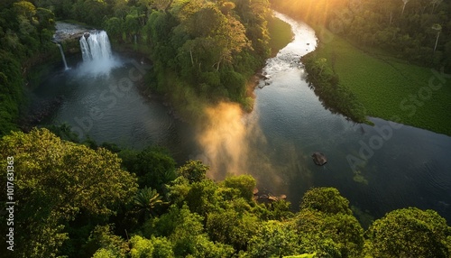  calm waterfall surrounded by lush green vegetation, bathed in golden sunset light. Soft mist rises gently from the water. Calming Rhythms