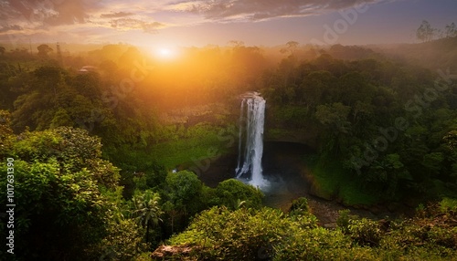 calm waterfall surrounded by lush green vegetation, bathed in golden sunset light. Soft mist rises gently from the water. Calming Rhythms