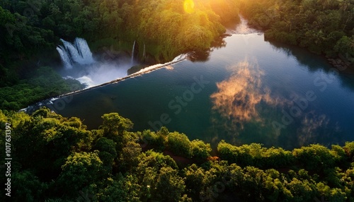  calm waterfall surrounded by lush green vegetation, bathed in golden sunset light. Soft mist rises gently from the water. Calming Rhythms