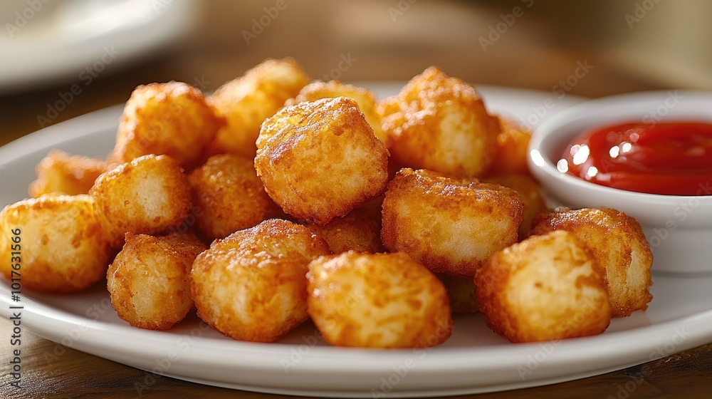 Golden brown potato bites on a white plate. Perfect for illustrating a recipe, menu, or food blog. Golden brown potato bites on a white plate. Perfect for illustrating a recipe, menu, or food blog.