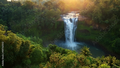  calm waterfall surrounded by lush green vegetation, bathed in golden sunset light. Soft mist rises gently from the water. Calming Rhythms
