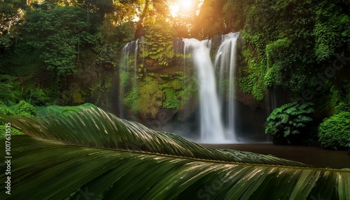  calm waterfall surrounded by lush green vegetation, bathed in golden sunset light. Soft mist rises gently from the water. Calming Rhythms
