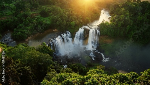  calm waterfall surrounded by lush green vegetation, bathed in golden sunset light. Soft mist rises gently from the water. Calming Rhythms