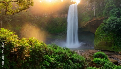  calm waterfall surrounded by lush green vegetation, bathed in golden sunset light. Soft mist rises gently from the water. Calming Rhythms