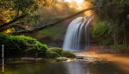  calm waterfall surrounded by lush green vegetation, bathed in golden sunset light. Soft mist rises gently from the water. Calming Rhythms