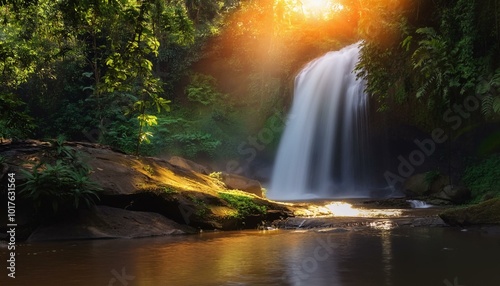  calm waterfall surrounded by lush green vegetation, bathed in golden sunset light. Soft mist rises gently from the water. Calming Rhythms