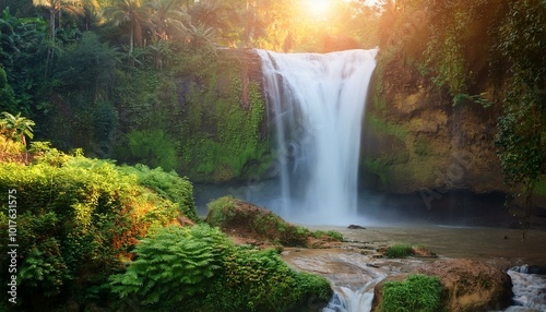  calm waterfall surrounded by lush green vegetation, bathed in golden sunset light. Soft mist rises gently from the water. Calming Rhythms