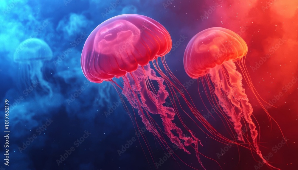 Fototapeta premium Colorful jellyfish swimming in a vibrant underwater scene.