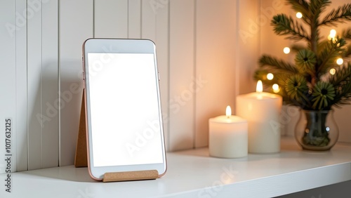 Digital phone mock up with Christmas decorations for app presentation with empty space for you design. Christmas online shopping concept. Tablet with copy space on light rustic background.