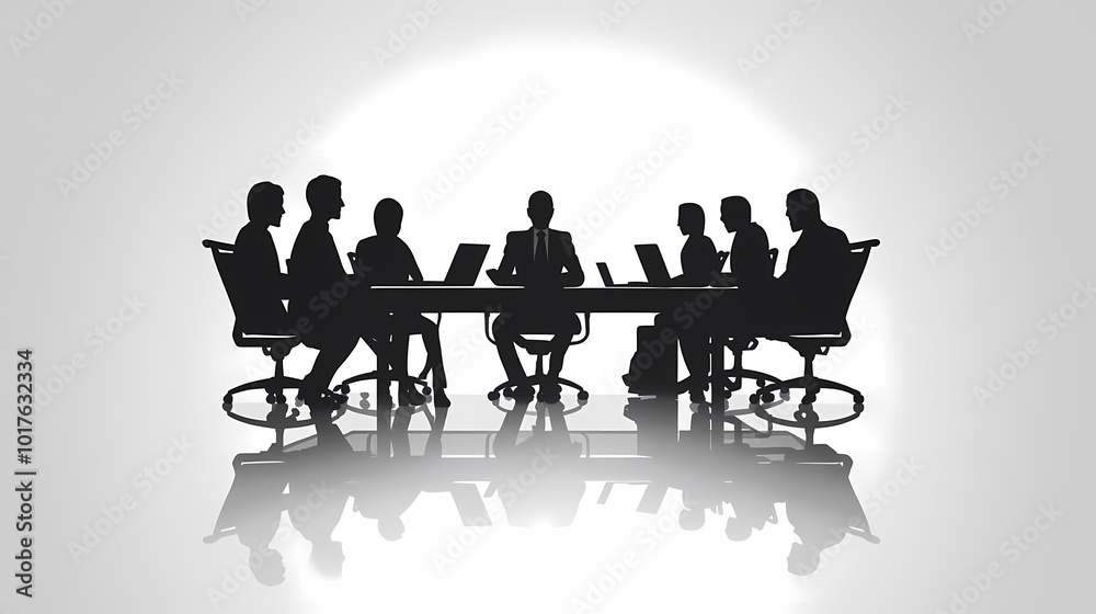 Silhouette of a diverse group in a business meeting around a conference table. Silhouette of a diverse group in a business meeting around a conference table.